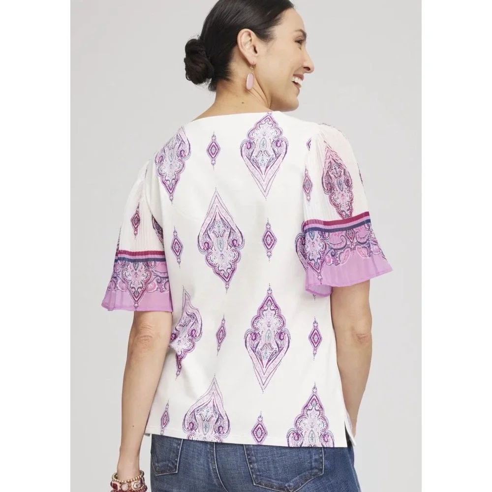 Chico's Knit Square Neck White Purple Paisley Chiffon Flutter Sleeve Top SZ-3-XL